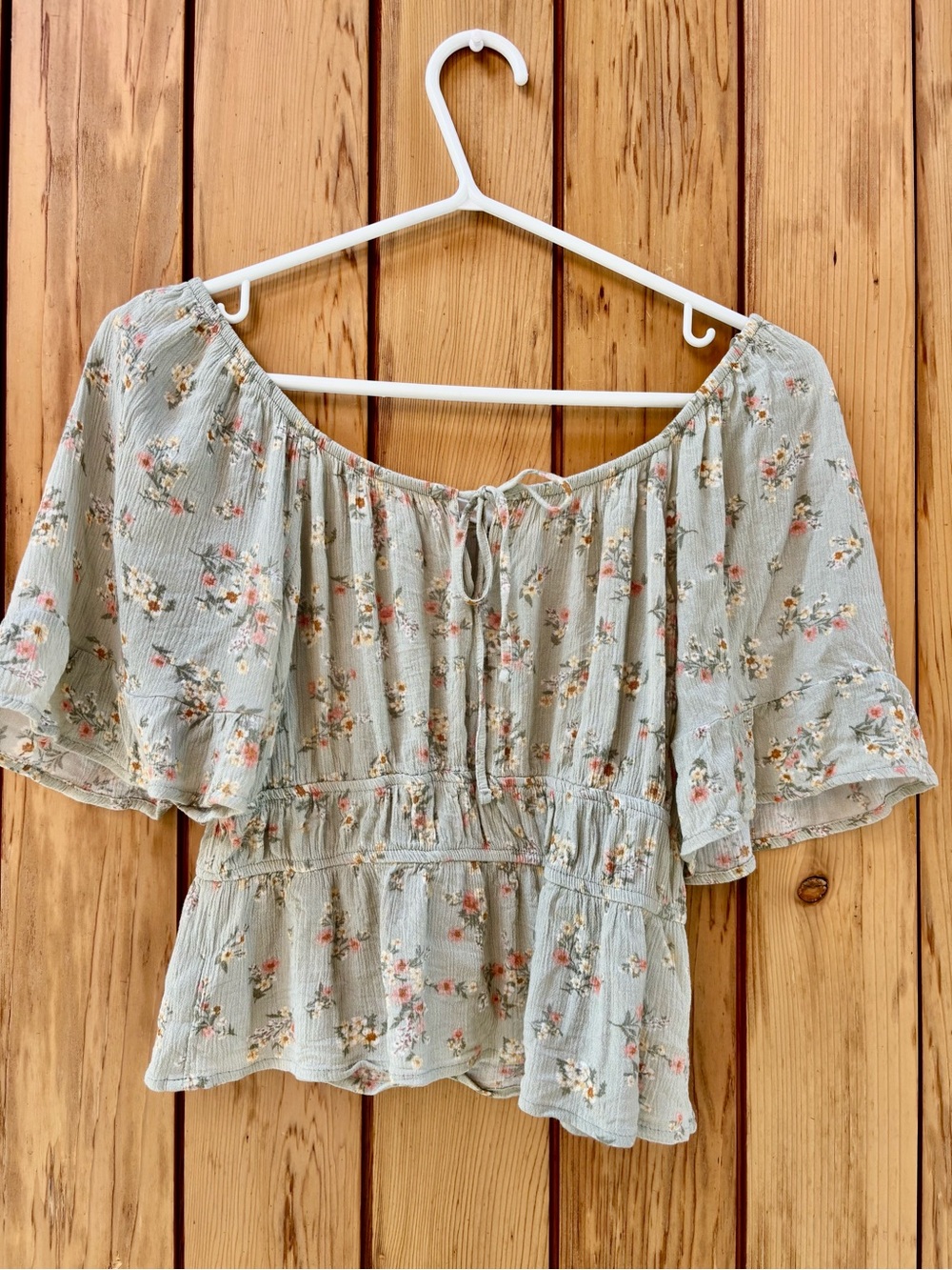 Pink Rose Sage Floral Off-Shoulder Tie-Front Blouse size S